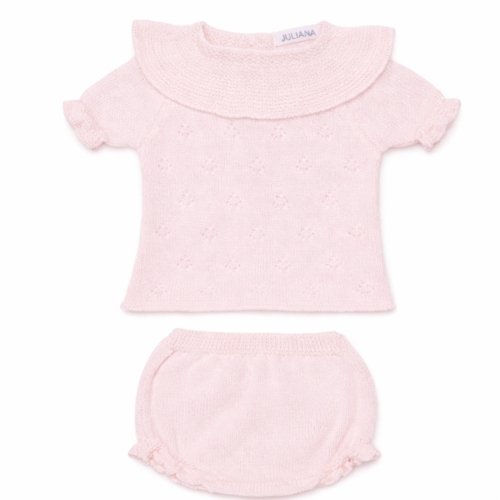 CONJUNTO BRAGA PUNTO ROMBO CALADO VOLANTE ROSA