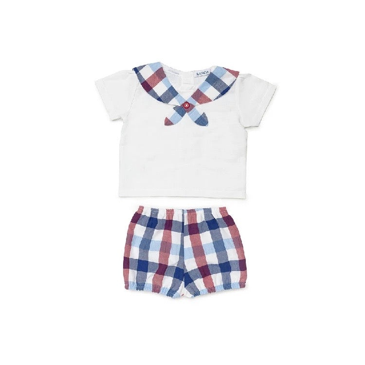 CONJUNTO CAMISA NIÑO CUADROS BABERO ROJO