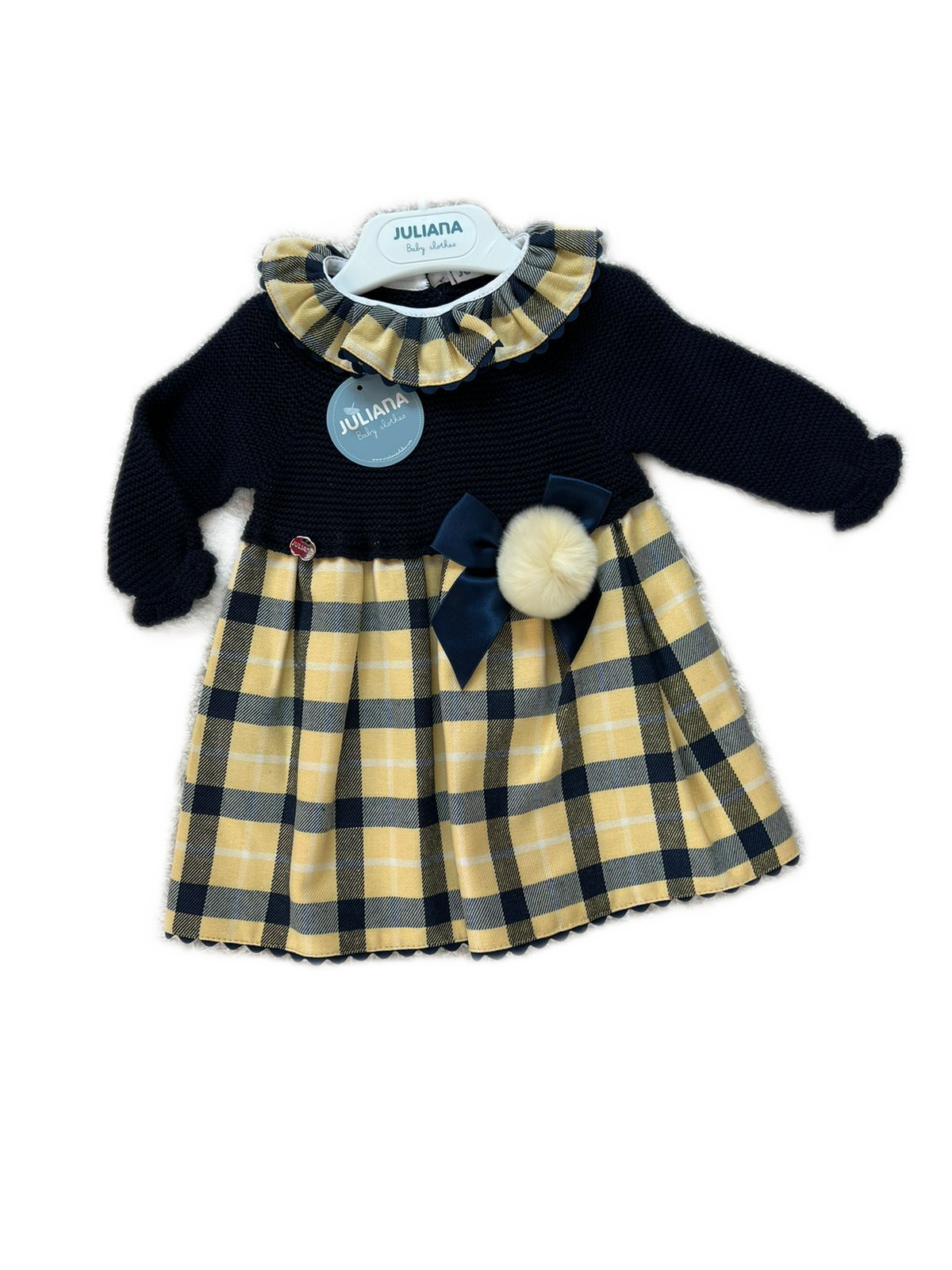 VESTIDO CUERPO PUNTO LAZO POM POM MARINO