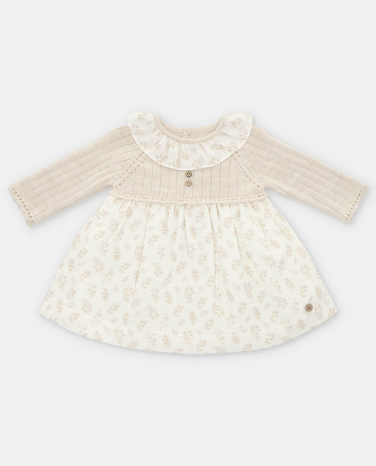 VESTIDO PUNTO Y TELA NIÑA ARENA