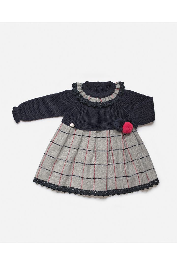 VESTIDO CUERPO PUNTO LAZO POM POM MARINO