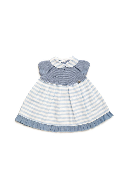 VESTIDO CUERPO PUNTO RAYADO CUELLO CIELO