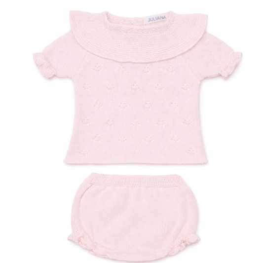 CONJUNTO BRAGA PUNTO ROMBO CALADO VOLANTE ROSA