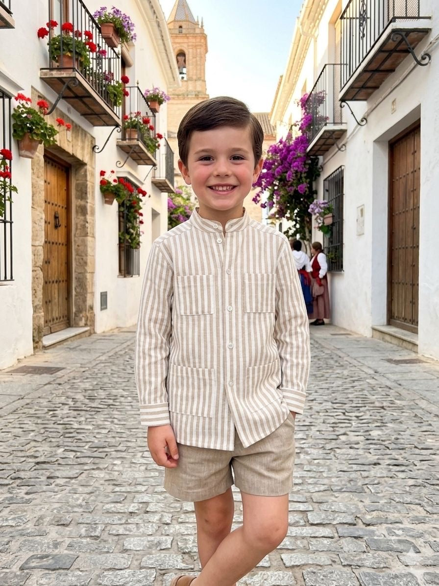 CONJUNTO CAMISA RAYAS BEIGE CEREMONIA