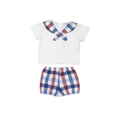 CONJUNTO CAMISA NIÑO CUADROS BABERO ROJO