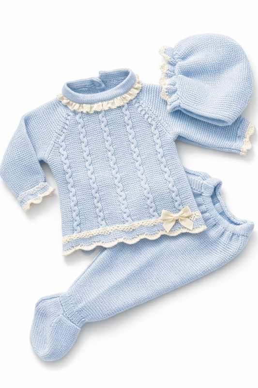 CONJUNTO POLAINA 3.P LIN TRENZAS LAZO CELESTE CRUDO