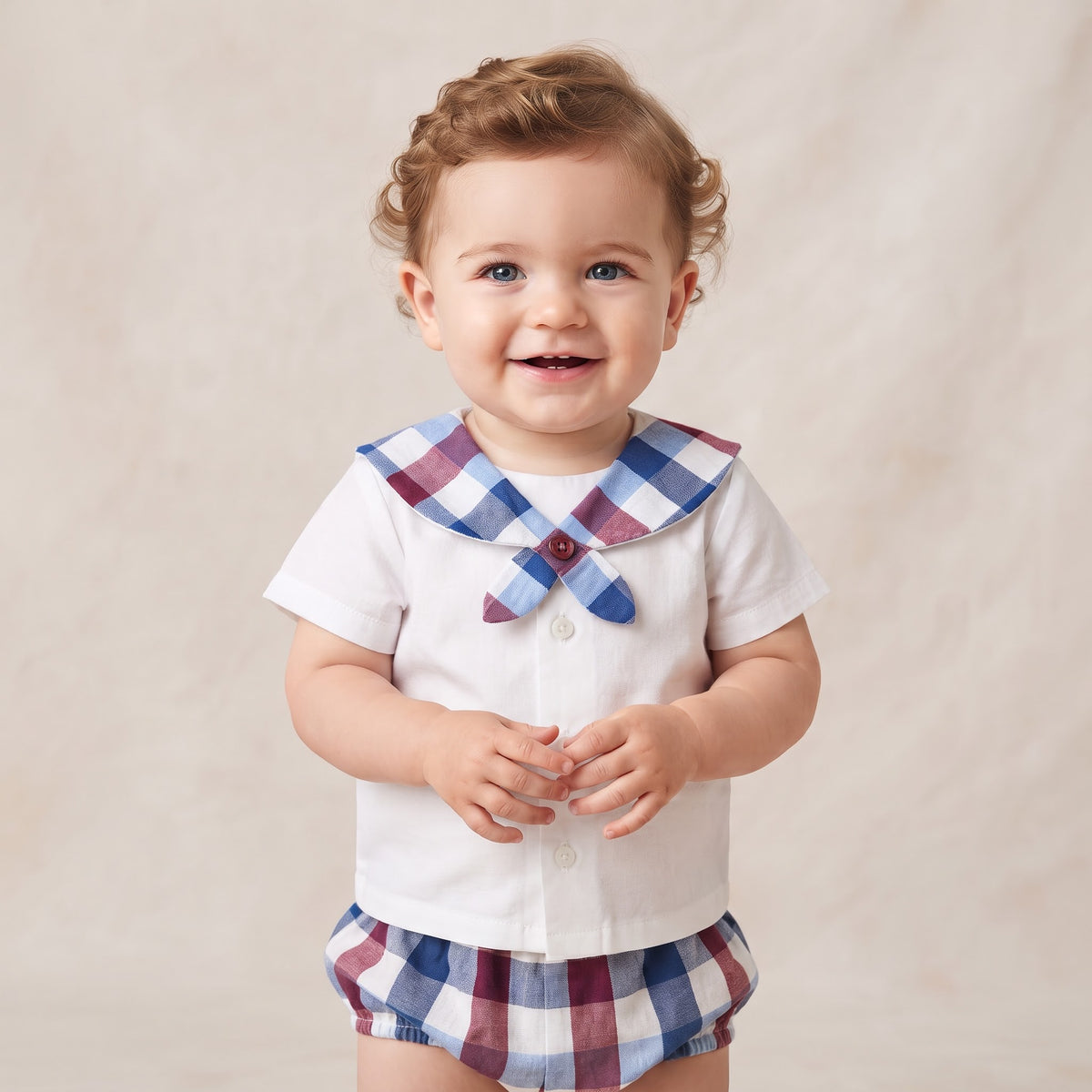 CONJUNTO CAMISA NIÑO CUADROS BABERO ROJO