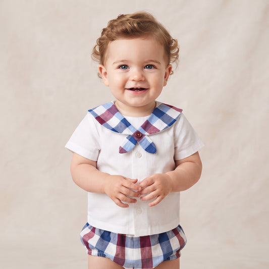 CONJUNTO CAMISA NIÑO CUADROS BABERO ROJO