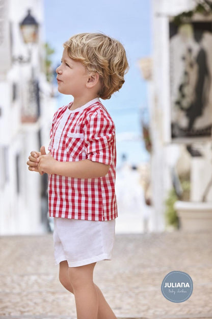 CONJUNTO CAMISA NIÑO MANGA LARGA CUADROS ROJO BLANCO