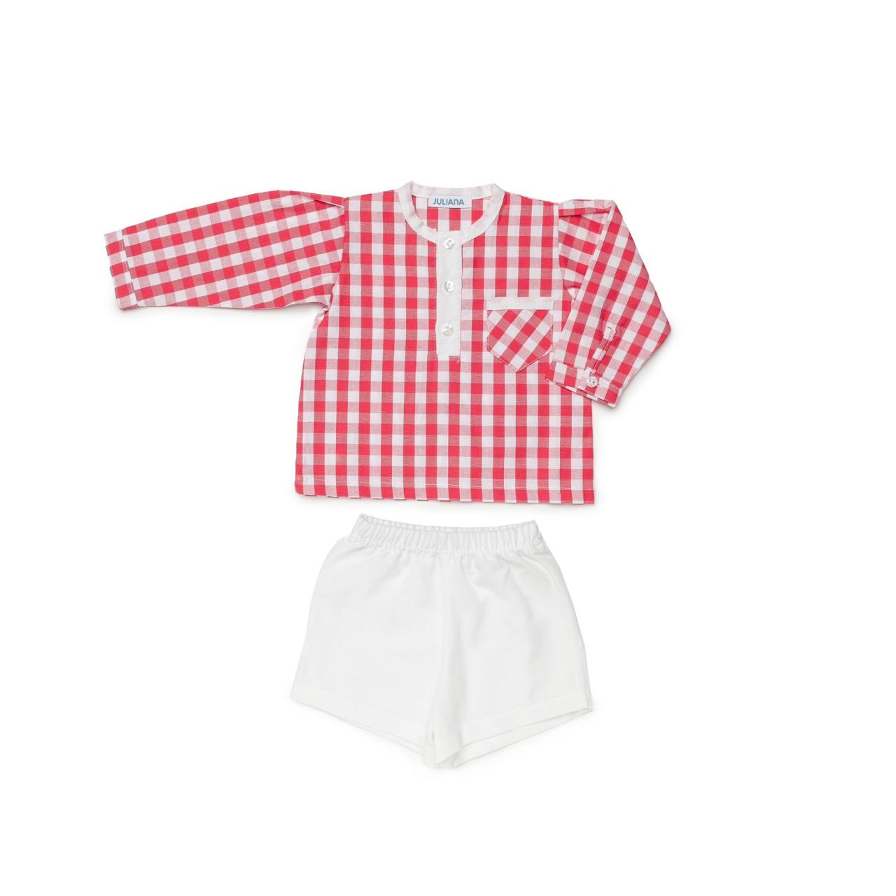 CONJUNTO CAMISA NIÑO MANGA LARGA CUADROS ROJO BLANCO
