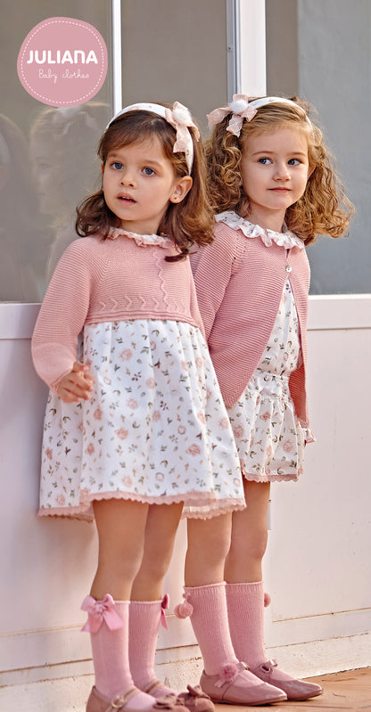 VESTIDO CUERPO PUNTO TELA FLORES ROSA EMPOLVADO