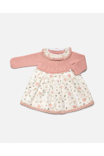 VESTIDO CUERPO PUNTO TELA FLORES ROSA EMPOLVADO